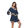 Túnica de playa azul oscuro con encaje de ganchillo bohemio y corte holgado - Talla única / Top Y Pantalón / Azul Marino