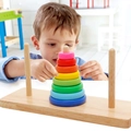 Rainbow stacking rings wooden toy with base and colorful macaron circles for toddlers - Three-Column Hanoi Tower