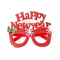 Sparkly red Happy New Year glasses frame with festive snowflakes and green leaves decor - Red Happy New Year Glasses