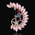 Peacock animal brooch with pink cat eye stones and multi-color rhinestones in gold finish - Pink Cat's Eye Peacock Style