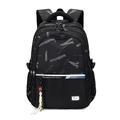 Minimalist black and grey large capacity travel backpack with graphic print and side mesh pocket - Black V