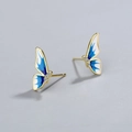 Golden butterfly stud earrings with blue gradient enamel wings and crystal rhinestones - Copper / Gold