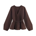 Women's dark brown knit wrap cardigan with a deep V-neck and matching thin waist belt - S / Coffee