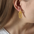 Orecchini a doppio cerchio ovale dorati con texture a vite indossati da una modella - Oro