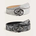 Vintage black leather belt featuring a unique oval dark metal buckle in silver and grey - Star Buckle Set