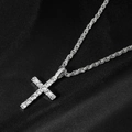 Macro shot of silver hip hop cross pendant with rhinestones on black silk background - Silver Pendant + 20 Inch Rope Chain / Silver