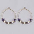 Bohemian gold hoop earrings with purple marble beads and white stone accents - Dark Purple Beaded Gold Hoop