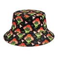 Zwarte katoenen vissershoed met cartoon kikker en paddenstoel patroon voor zonbescherming - M (56-58cm) / Kikker Paddestoel Print