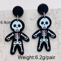 Pendientes de calavera de acrílico para Halloween con corazón rojo, 6,9 cm de largo - Calavera de Corazón Negro