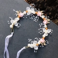 Detail of handmade floral headband with white pearls and frosted petals on golden wire - Flower Garland Headpiece / Pink