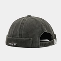 Detail view of washed cotton docker cap with shark embroidery and metal buckle - Adjustable / Army Green