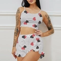 Damen Schlafanzug Set mit grauem Camisole Top und Rüschenshorts mit Herzmuster Print - S / Grau mit Herzmuster