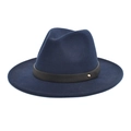Detail view of navy wool fedora hat featuring a black leather band and gold metal stud - M (56-58cm) / Navy Blue