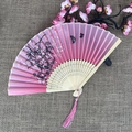 Pink and purple gradient silk folding fan with bamboo frame, butterfly motifs and tassel - No.59 Pink Purple Butterfly Floral