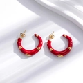 Elegant gold-tone C-shape hoop earrings with red enamel hearts in bohemian style - Red (ER-712)