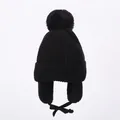 Winter knit baby earflap hat with pompom and warm fleece lining in solid black color - S / Black