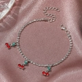 Scintillante bracciale tennis argento con delicati ciondoli a ciliegia rossa e foglia - Bracciale Ciliegia in Strass con Catena Sottile Argentato (S533)