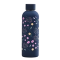Matte navy stainless steel water bottle featuring delicate floral print and matching cap - Dark Blue Pink Yellow Floral