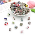 Silver DIY charm beads with pink enamel heart and crystals for jewelry bracelets - Rhinestone Large Hole Beads (16523) / Silver (20g)