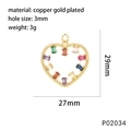 Detailed view of heart-shaped brass pendant with colorful zircon and size annotations - P02034-Baguette Zirconia Heart