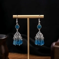 Ethnic Jhumka bell earrings in blue and silver with hanging tassels on gold stand - Bell Blue Rhinestone Tassel Style (E3986-2)