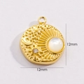 Detail of 12mm 14K gold plated titanium celestial charm with shell inlay and star relief - Round Sun and Moon