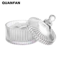 Translucent ribbed glass powder case with white plush puff and decorative bow - 1 White 90*30MM (In Glass Jar)