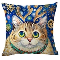 Christmas cushion cover featuring a tabby cat with golden antlers on dark blue background - Pattern TQDS72-11
