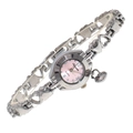 Close-up of pink quartz watch dial and silver hollow heart-shaped chain links - Silver/Pink Dial