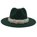 Deep green fedora hat with elegant multi-layer pearl band and wide wool felt brim - M(56-58cm) / Dark Green (Large Pearl)
