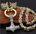 Collana vichinga testa di lupo e martello di Thor bicolore con catena bizantina oro - 40CM / Argento