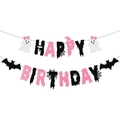 Striscione Happy Birthday Halloween rosa e nero glitterato con fantasmi e ragni - Striscione di Buon Compleanno