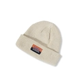 Close-up of beige knit beanie featuring a classic orange and black label detail - M (56-58cm) / Beige
