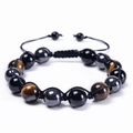 Macro detail of 10mm blue tiger eye and hematite beads on adjustable braided bracelet - Yellow Tiger Eye + Black Agate + Hematite