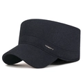 Winter fleece-lined wool flat top hat for men in dark navy with silver SPORT logo - Adjustable / Navy Blue