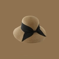 Khaki straw sun hat featuring a wide brim and elegant black ribbon bow decoration - Adjustable / Khaki-Black Edge Sticky Bow
