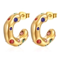 Close-up of golden C-shaped earrings with colorful gemstones on a white background - Gold C-Shape Colored Rhinestone (MS-059)