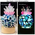 Blue agate and crystal night light on wooden base with on and off lighting comparison - Blue Agate + Rainbow Crystal Cluster Pineapple Lamp