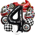 Racing theme foil balloon set with number 4, tires and red racing car for party decor - Racing Number 4