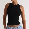 Slim fit black ribbed knit tank top with round neck and Y2K aesthetic style - Black