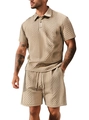 Detail showing the intricate diamond knit texture of the men's khaki polo shirt and shorts - Khaki
