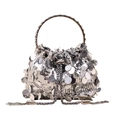 Elegant bucket bag featuring shiny silver sequins and circular metal ring handles - Silver