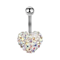 Dettaglio di un piercing all'ombelico argento con ciondolo a cuore in strass AB scintillanti - Grande Strass AB