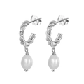 Elegant S925 sterling silver rope hoop earrings with natural white pearl pendants - GPE17-P Twisted Rope C-Shape Pearl Drop / Silver