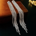 Detailansicht funkelnder langer Quastenohrringe mit Strass auf einem Holzständer - Silberne Quastenohrringe (Silberstift) / Silber