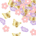 Dettaglio di coriandoli a farfalla e fiori oro, rosa e viola per decorazioni da festa - Mix di Farfalla e Fiore in Cartoncino Dorato