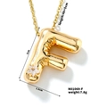 Detailed view of gold bubble letter F pendant with dimensions and white zircon stone - Letter F Style (N01069-F)