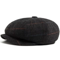 Berretto newsboy vintage grigio scuro a spina di pesce con sottili quadri rossi - Regolabile / grigio scuro