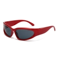 Y2K style red cat-eye sports sunglasses with dark grey lenses in 45-degree side view - Pearlescent Red Grey Lens