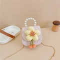 Pink jacquard kids handbag with pearl handle, yellow flower and gold chain strap - Pink